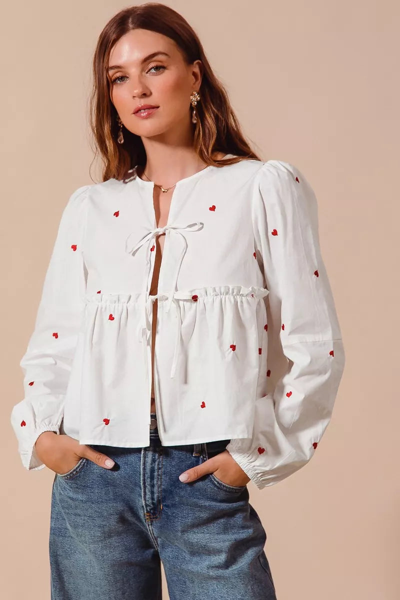 Front Tie Heart Embroidered Blouse With Puff Sleeve