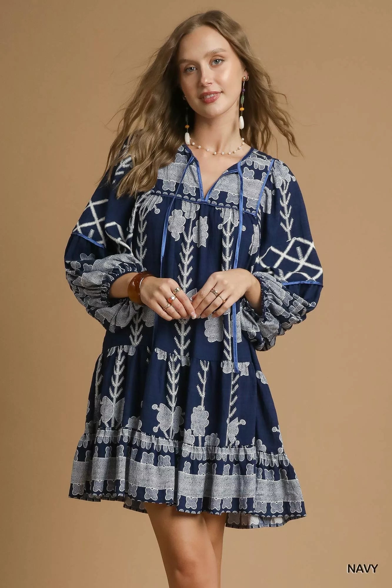 Tribal Print Dress with Tie Neck