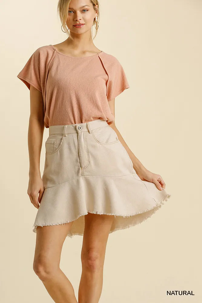 Linen Blend 5 Pockets High Low Skirt with Frayed Hem
