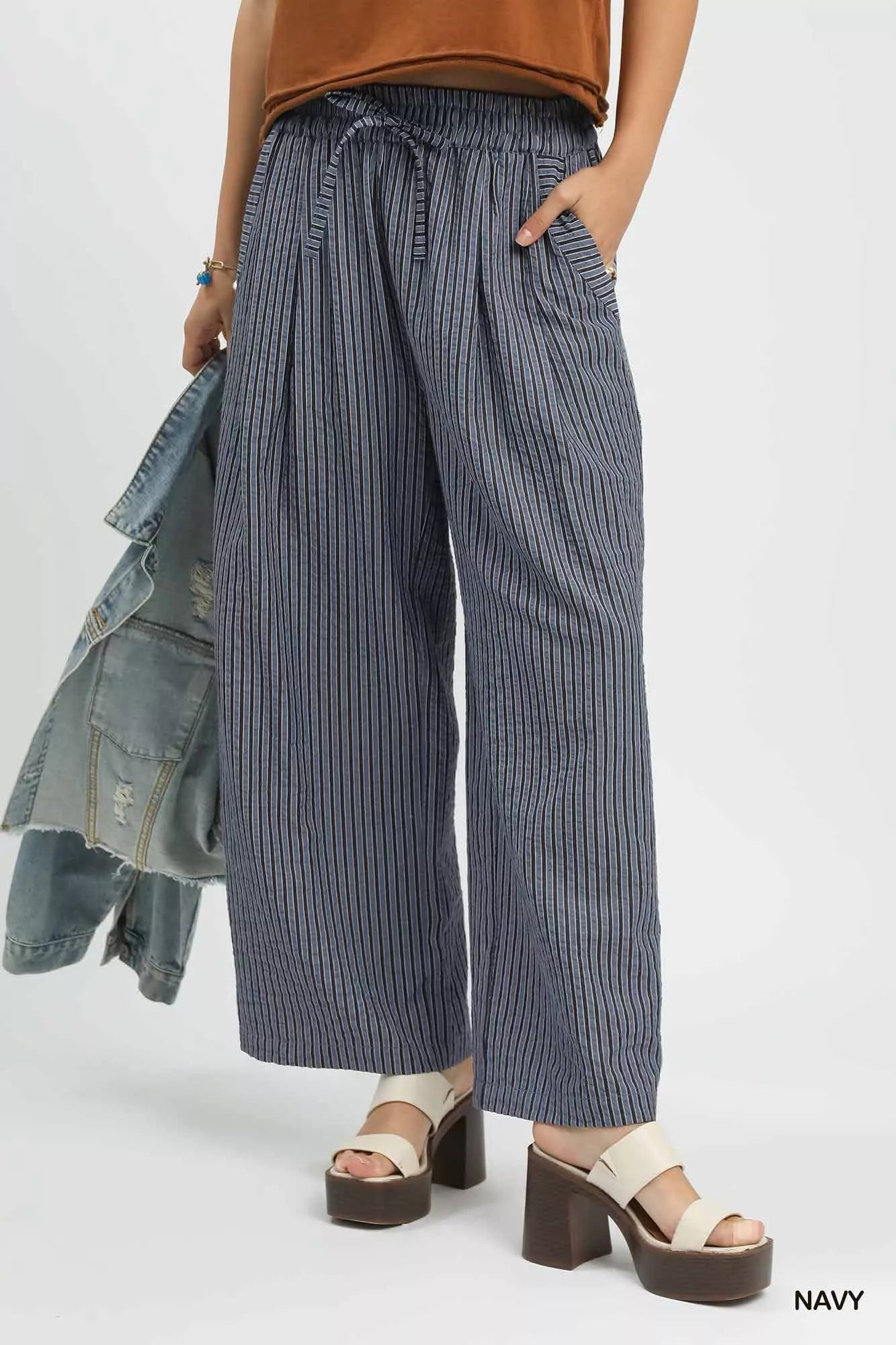 Drawstring Striped Wide-Leg Pants
