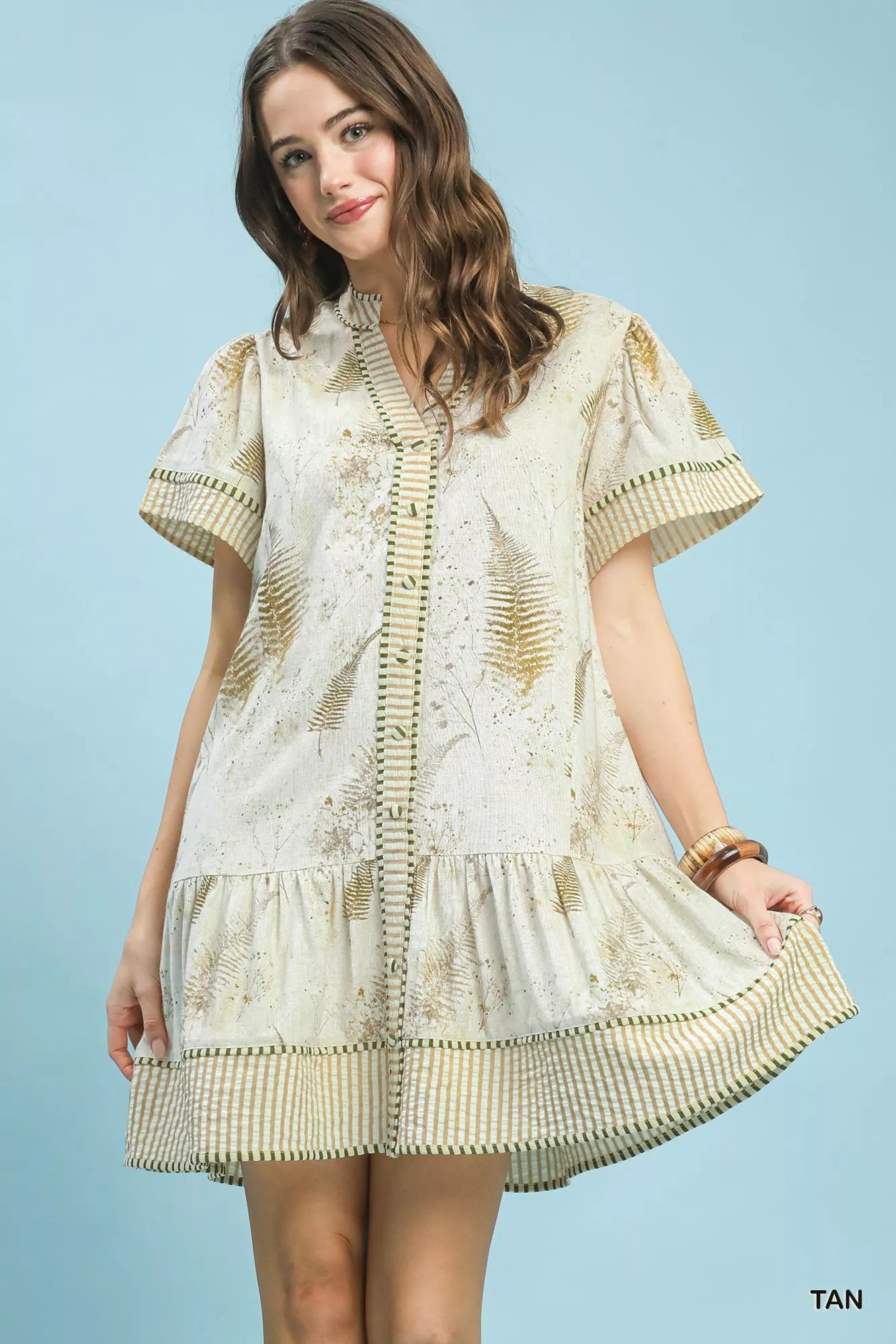 Linen Printed Button-Front Tiered Mini Dress