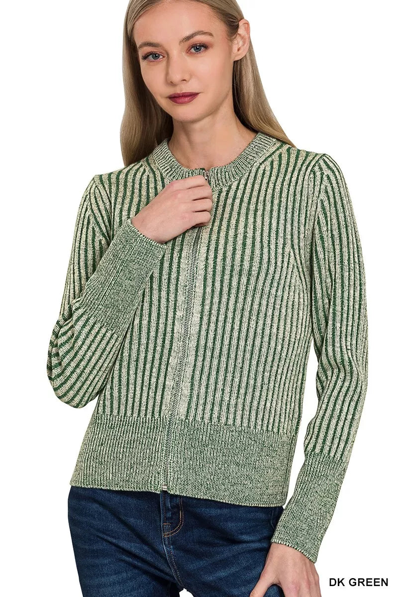 Ribbed Two Tone Zip Up Sweater Cardigan