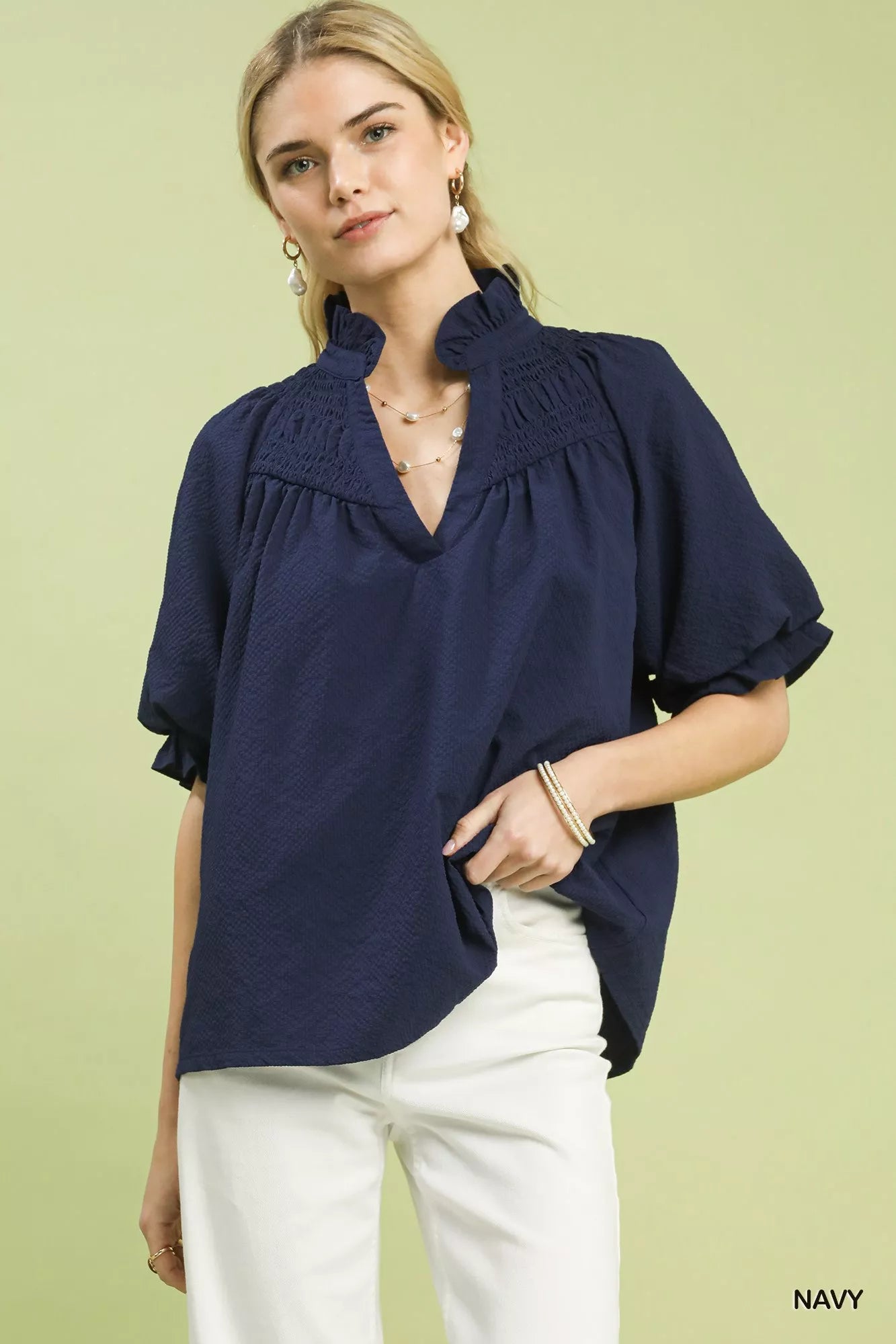 Textured Smocked Yoke Split-Neck Top
