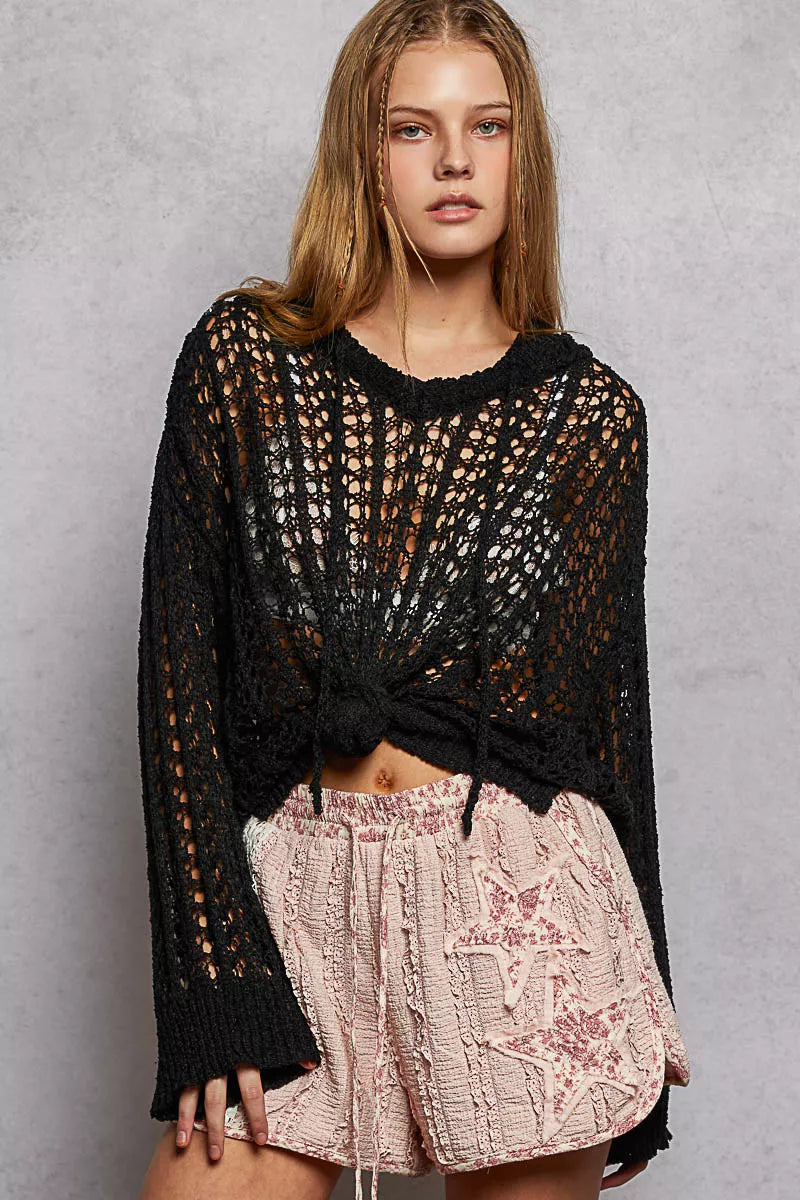 Openwork Round Neck High Low Knit Top