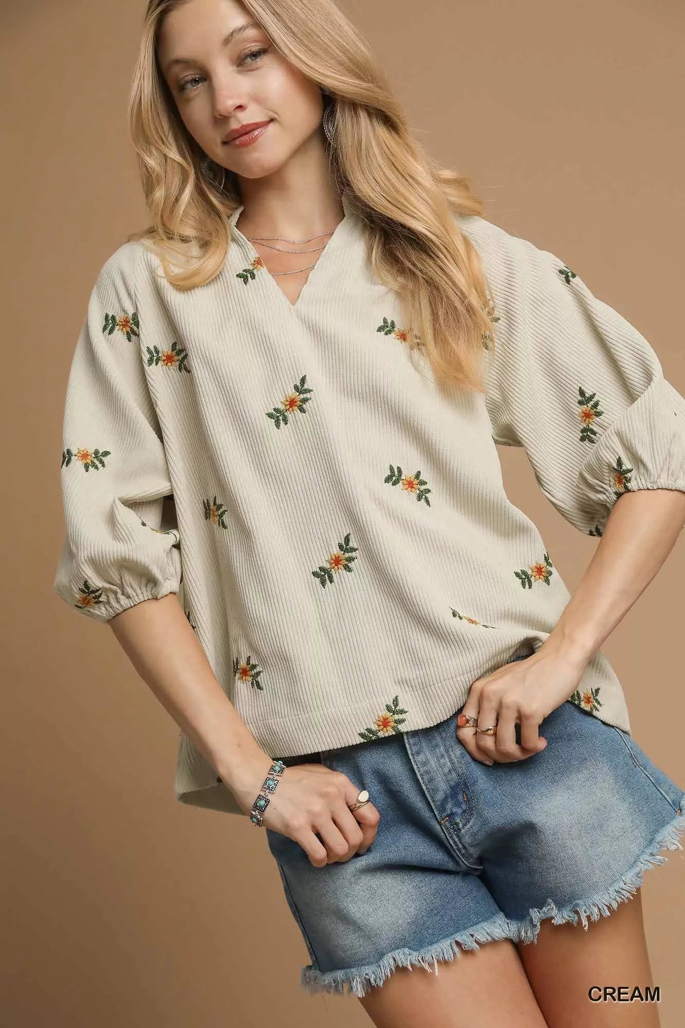 Corduroy Floral Embroidered Puff Sleeve Blouse