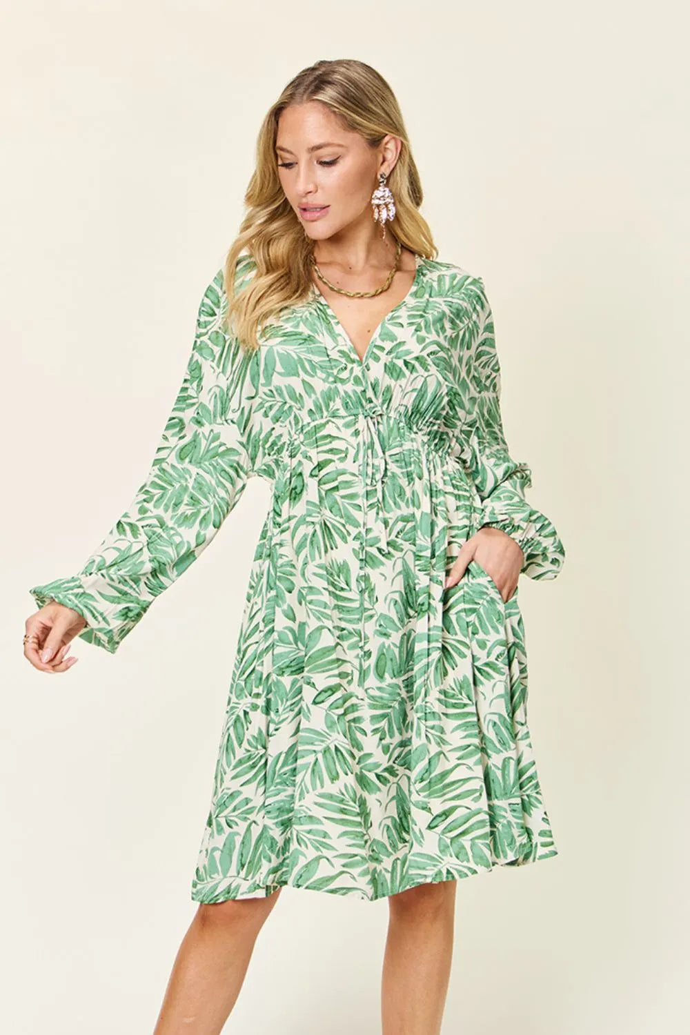 Full Size Printed Ruched Balloon Sleeve Dress