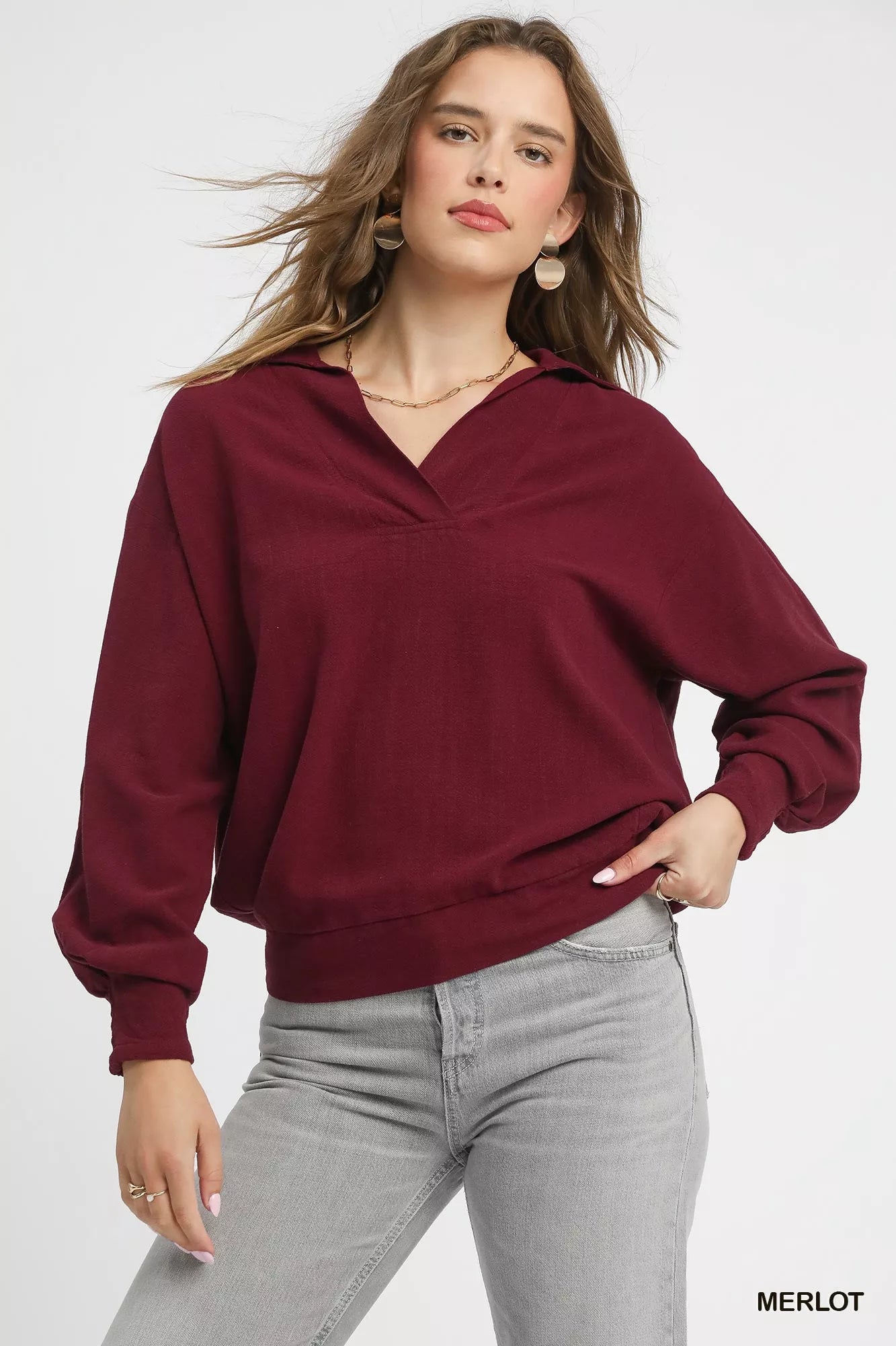 Linen Long Sleeves Elastic Hem Blouse