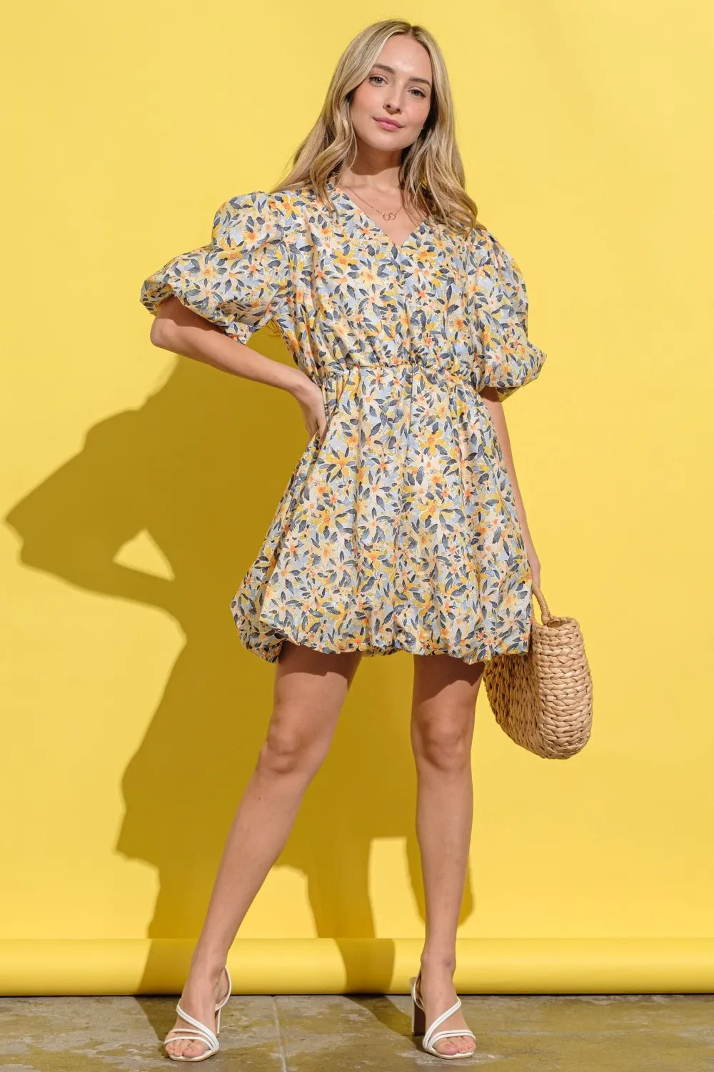Full Size Floral Surplice Puff Sleeve Dress