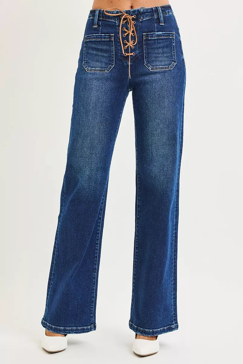 Full Size High Rise Wide Leg Jeans with Front Tie Detail Plus Size
