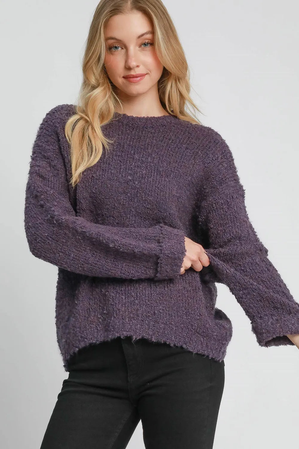 Full Size Round Neck Long Sleeve Boucle Sweater Plus Size