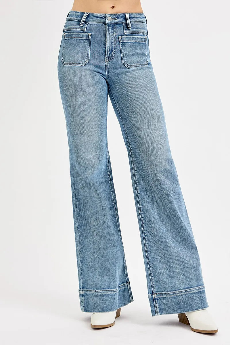 Full Size High Rise Wide Flare Patch Pocket Jeans Plus Size