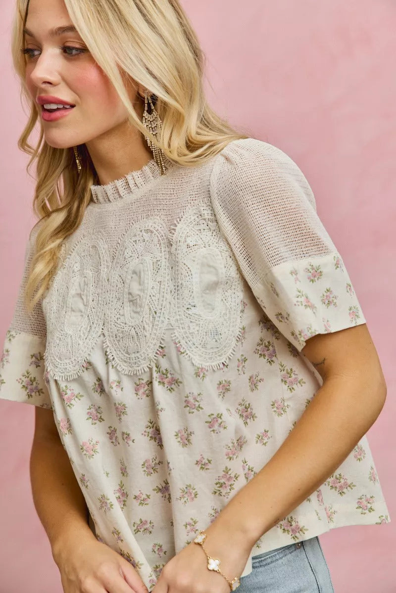 Floral Print Lace Trim Cotton Blouse