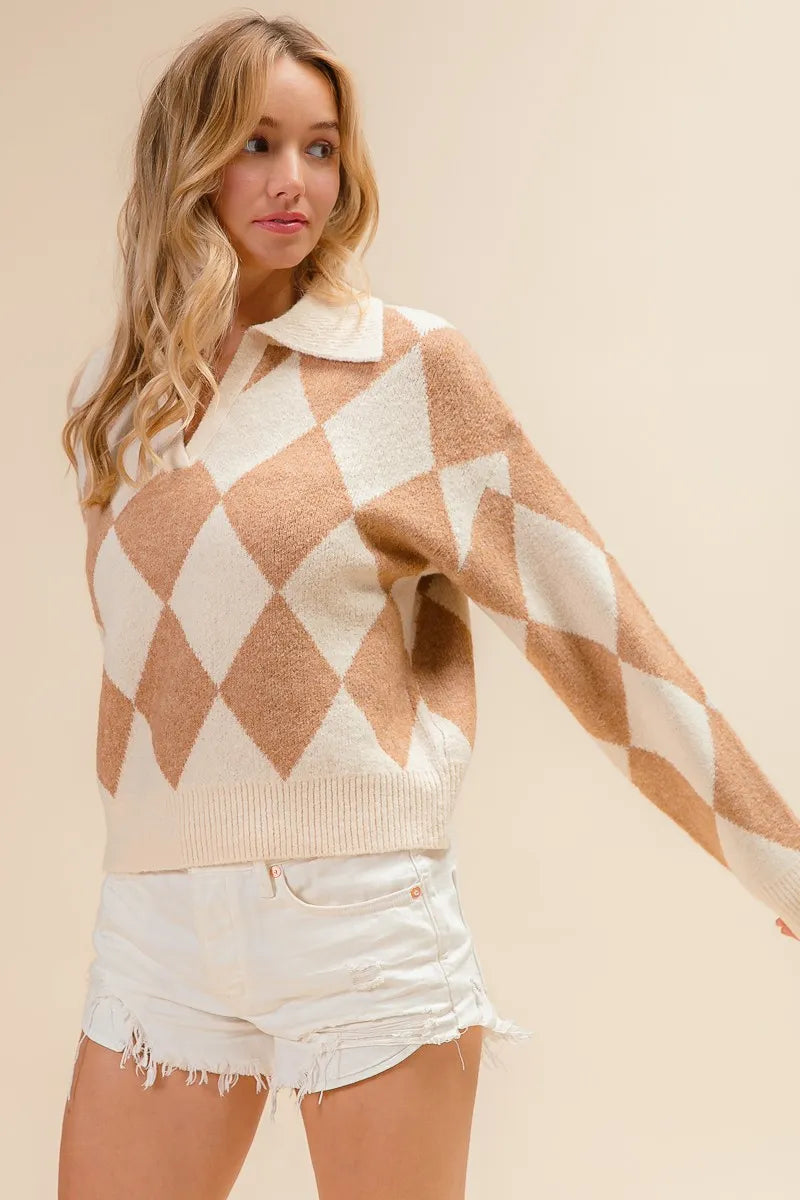 Diamond Pattern Collared Notch Neck Sweater