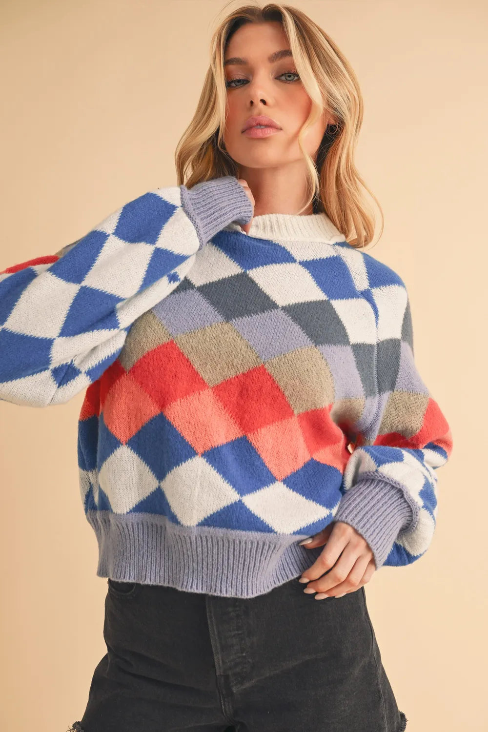 Diamond Mock Neck Raglan Sleeve Sweater