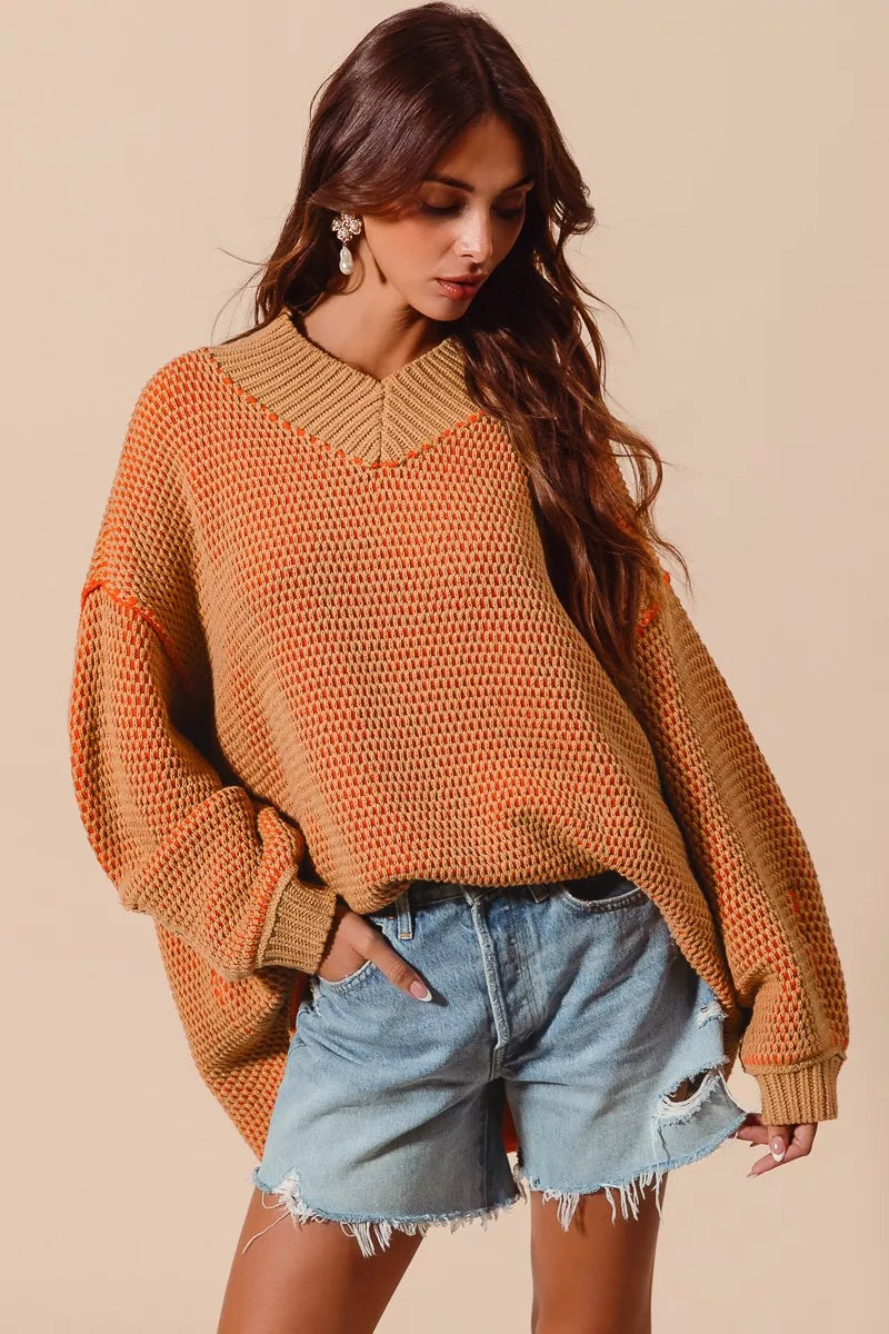 Oversized Two Tone Textured V Neck Sweater