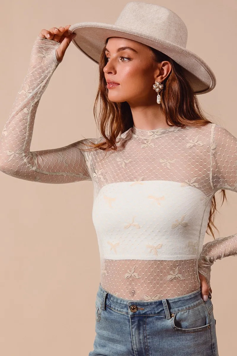 Bow Ribbon Pattern Sheer Lace Top