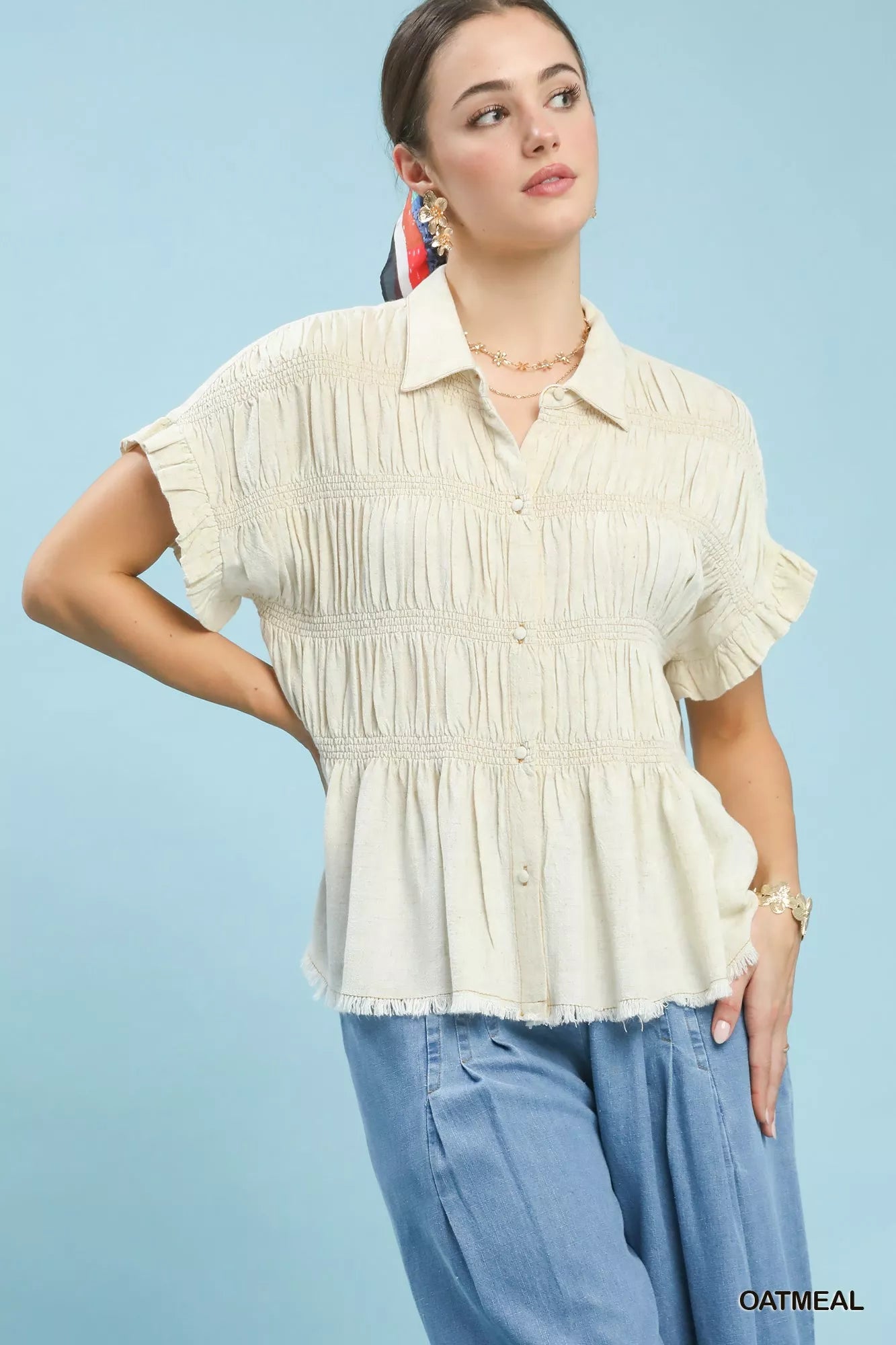 Washed Linen Blend Smocked Shirt