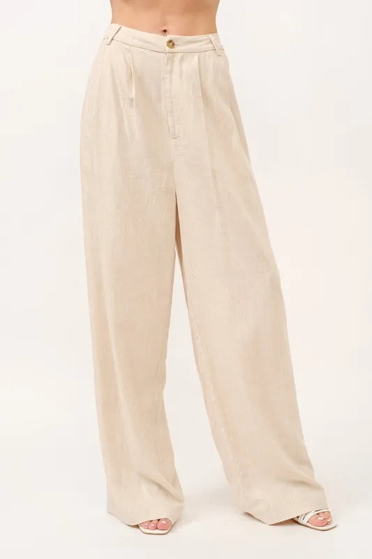 High-Rise Wide Leg Linen Blended Pants