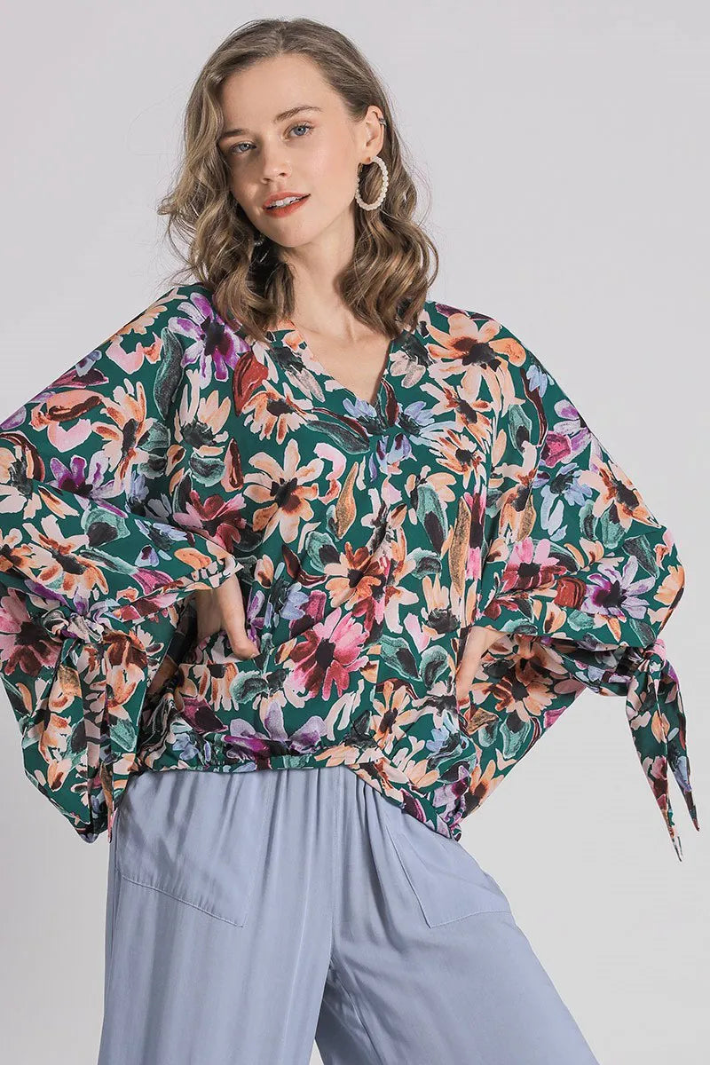 Full Size Floral V-Neck Tie Sleeve Blouse Plus Size