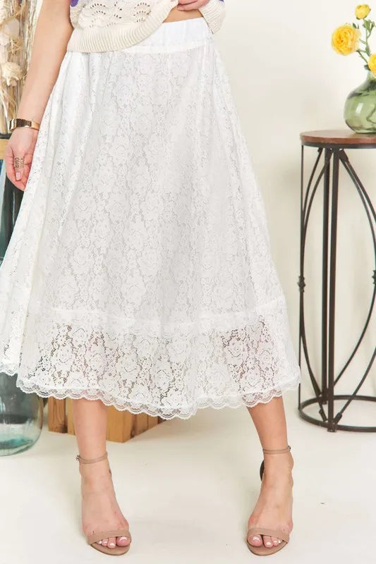 Elastic Waist Lace Midi Skirt