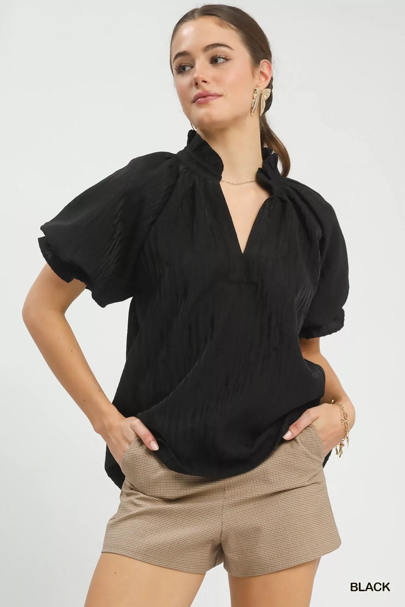 Textured Puff Sleeve Split Neck Top