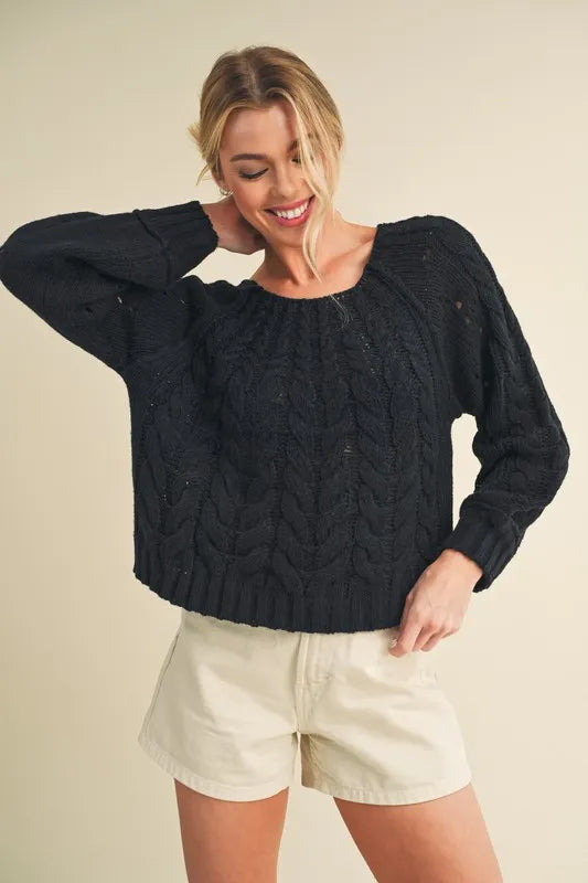 Cable-Knit Openwork Round Neck Sweater
