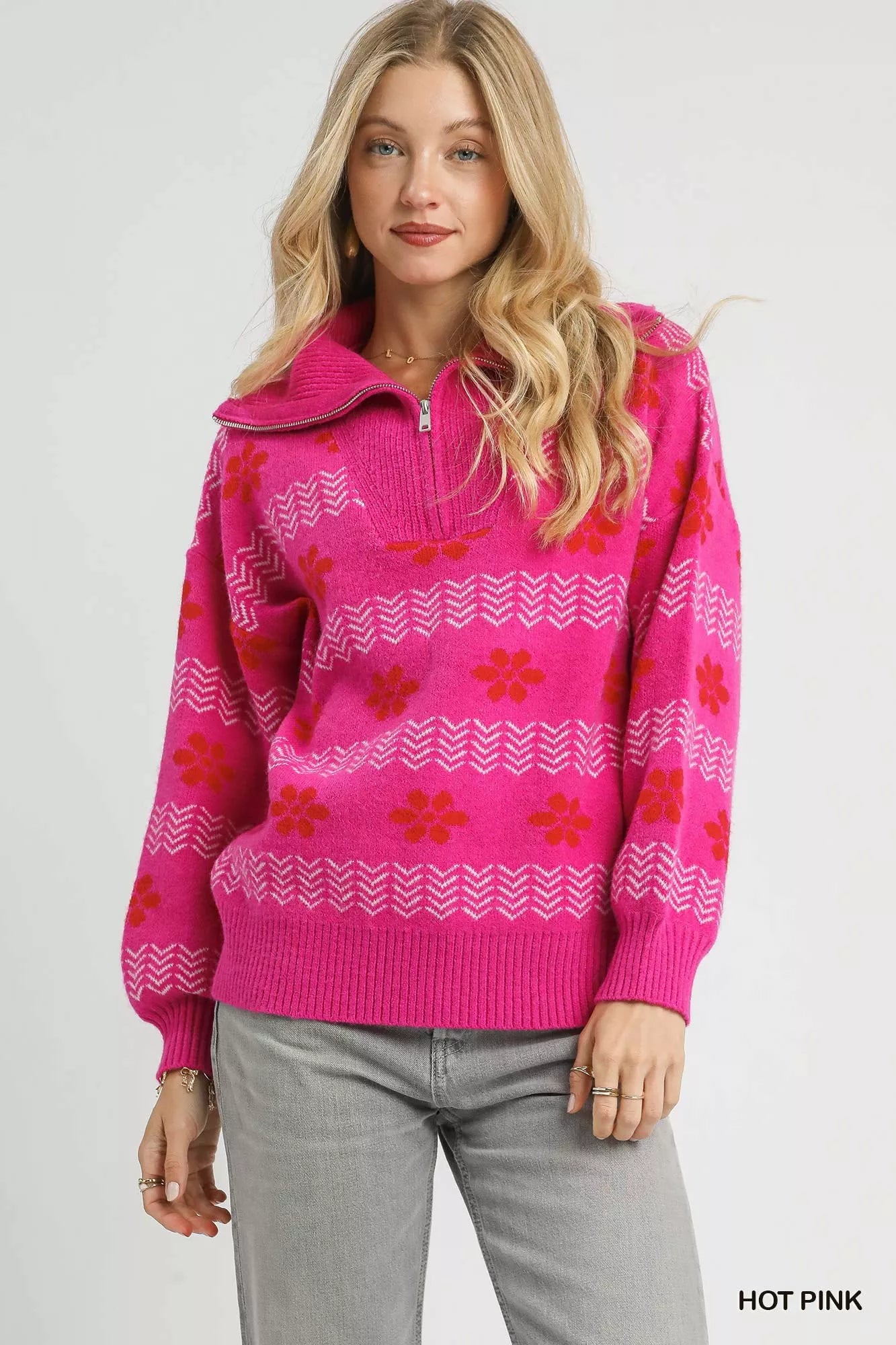 Floral Patterned Jacquard Quarter-Zip Pullover Sweater