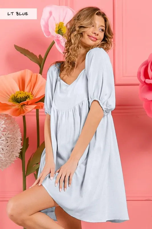 Washed Linen Tiered Midi Dress with Puff Sleeves