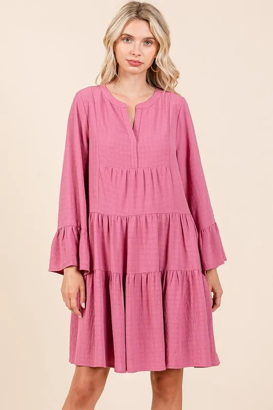 Tiered Notched Flare Sleeve Dress