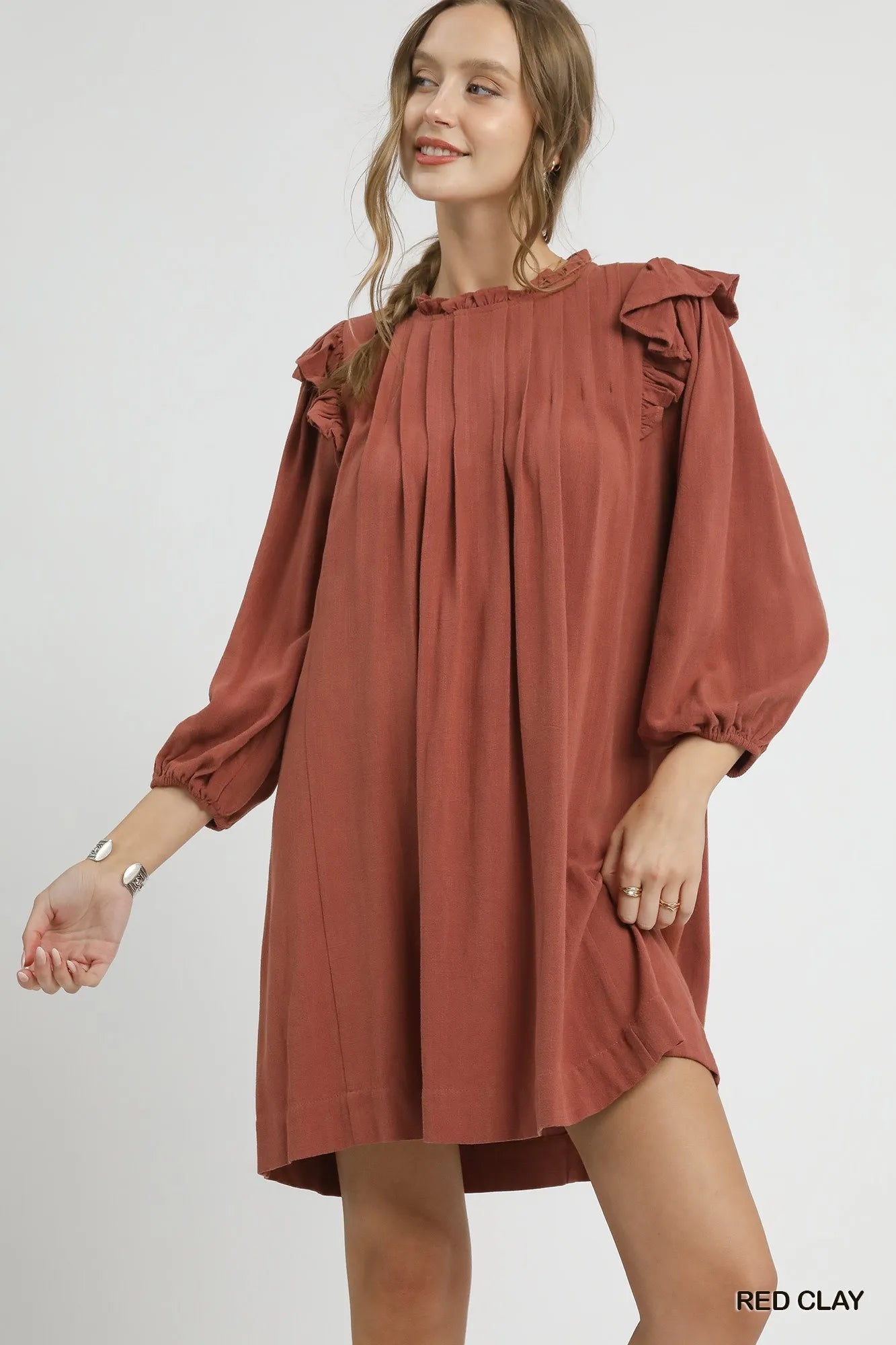 Linen Ruffle Shoulder Pleated Babydoll Dress
