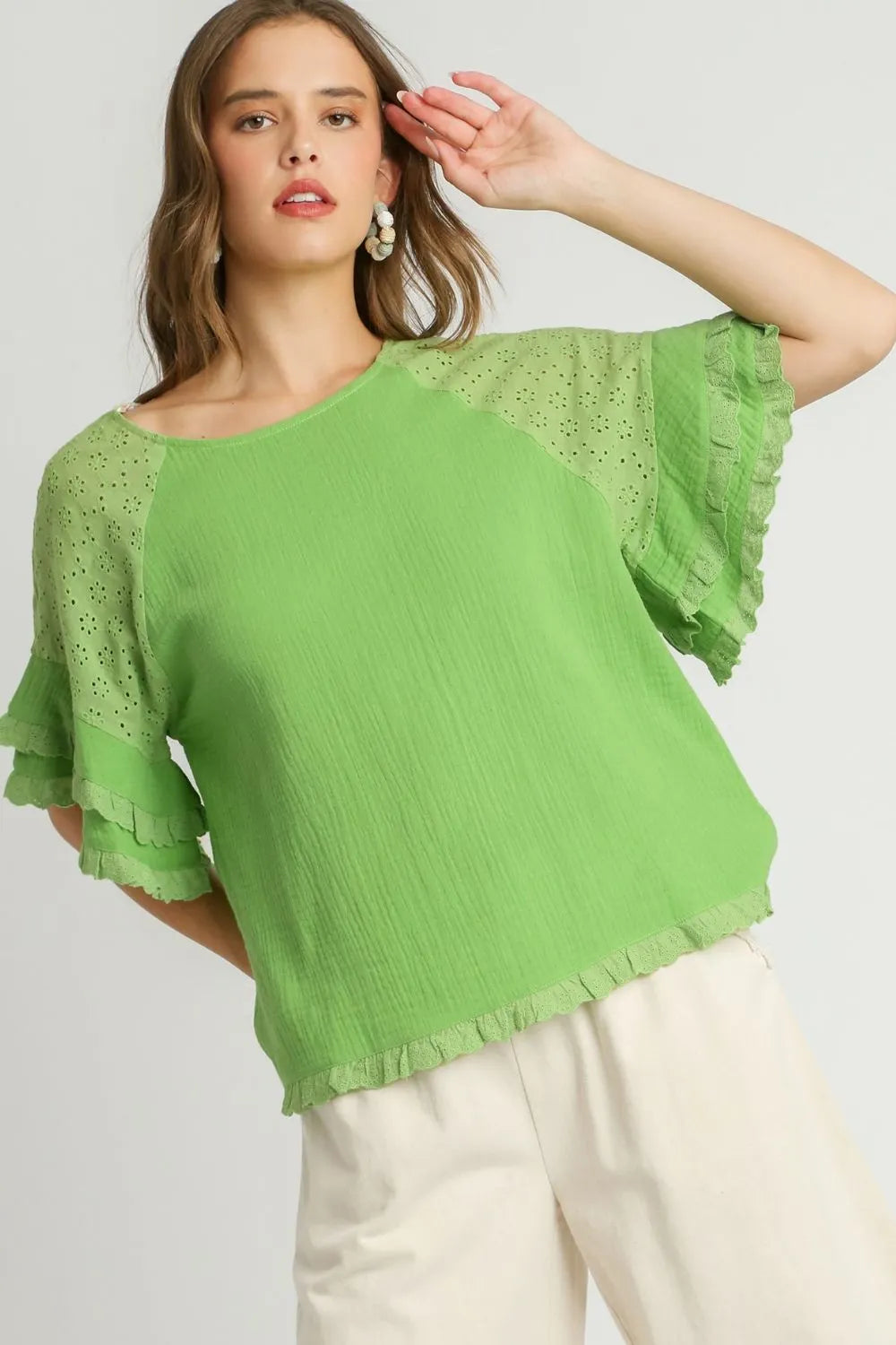 Full Size Cotton Gauze Round Neck Ruffle Eyelet Layered Sleeve Blouse Plus Size