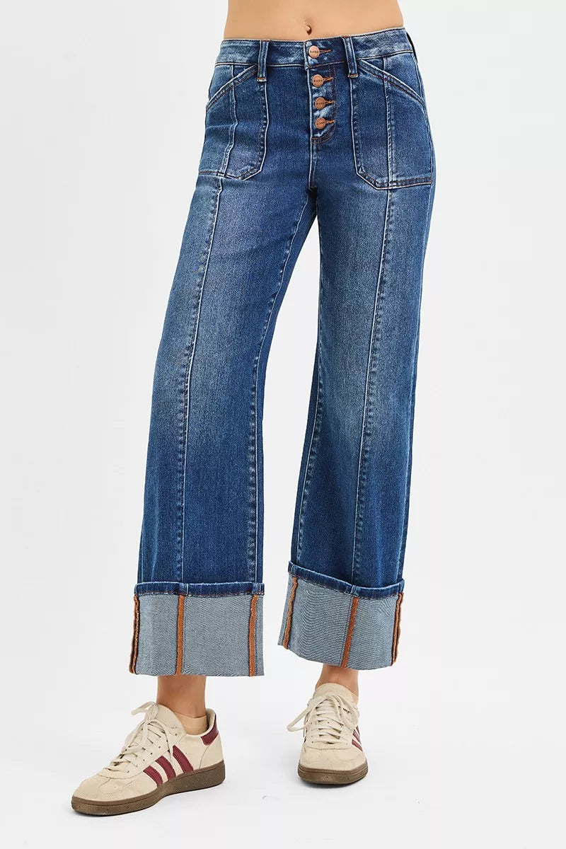 Full Size High Rise Crop Wide Straight Cuffed Jeans Plus Size