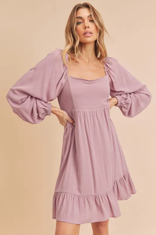 Ruffled Hem Square Neck Balloon Sleeve Mini Dress