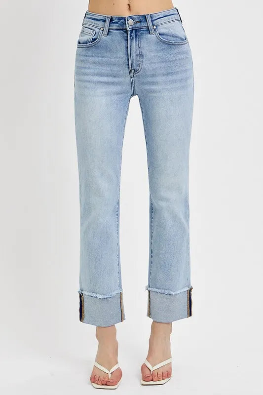 High Rise Straight Cuffed Relaxed Jeans