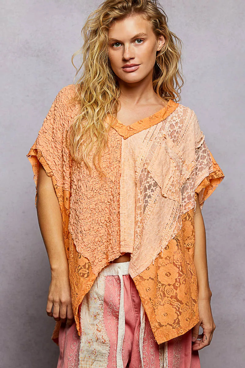 Asymmetrical V-Neck Short Sleeve Lace Top