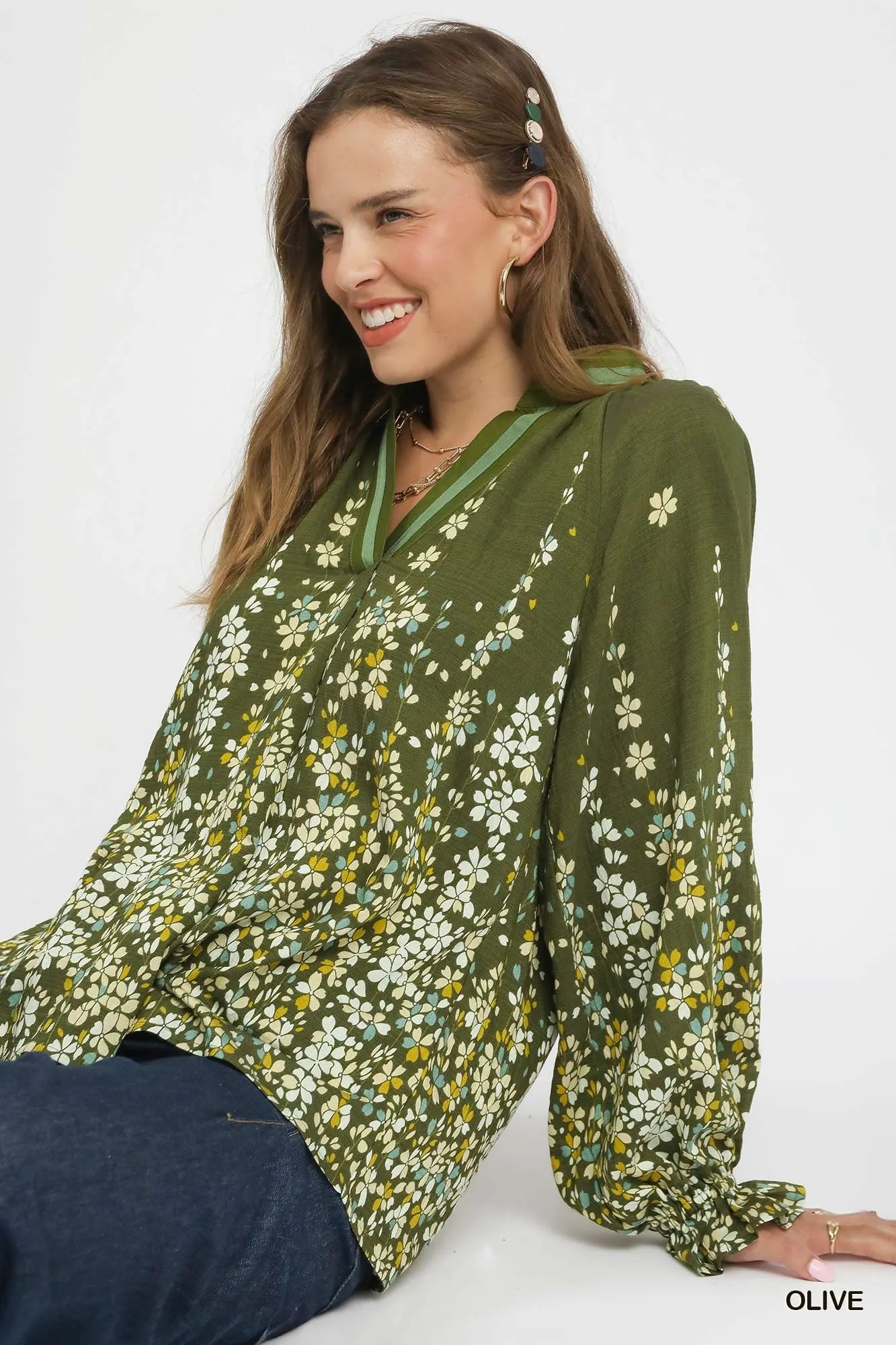 Floral Vine Print Blouse with Balloon Sleeves