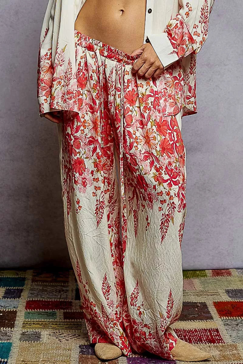 Floral Printed Woven Wide Leg Drawstring Pants