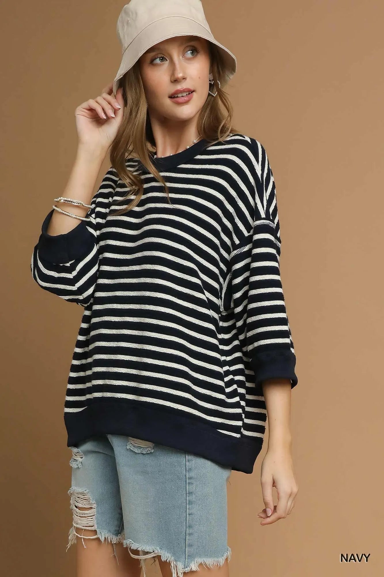 Ribbed Hem Striped Oversized Knit Top