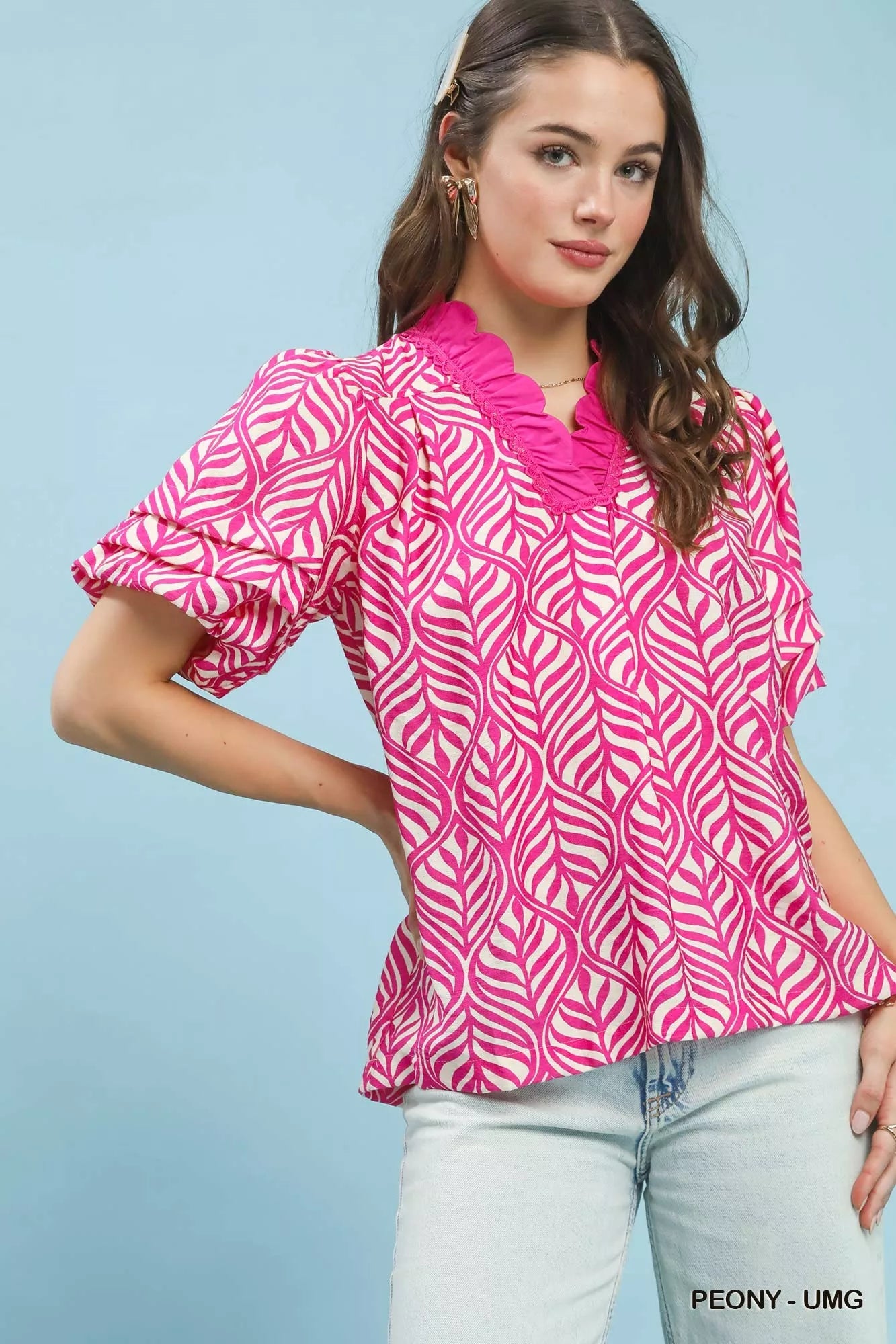 Printed Puff Sleeve Ruffle Neck Top
