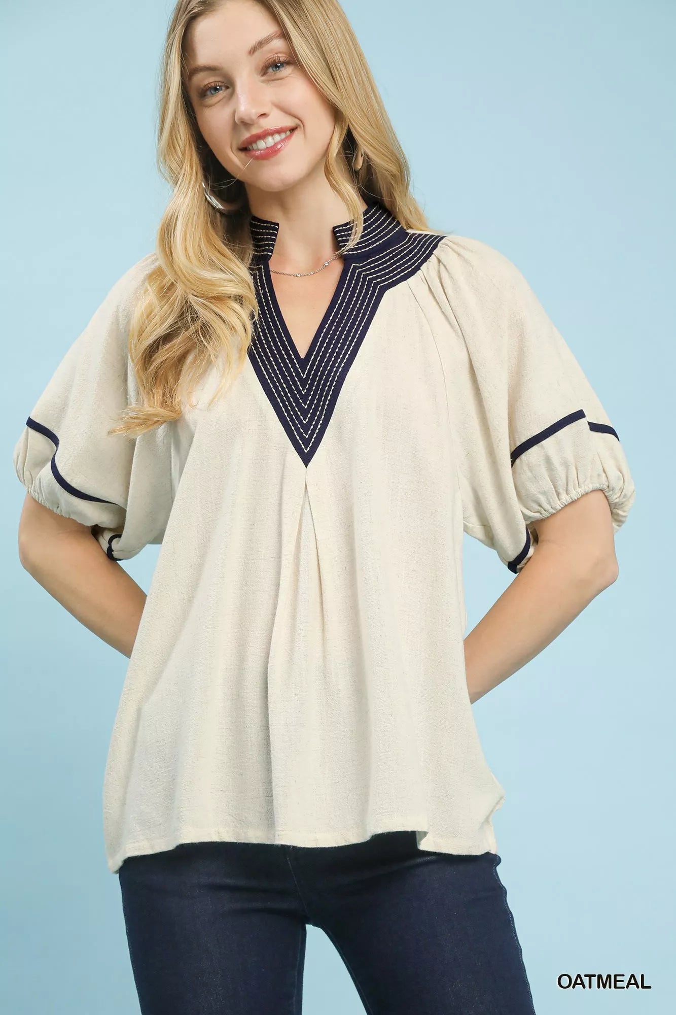 Linen Puff Sleeve Contrast Trim Top