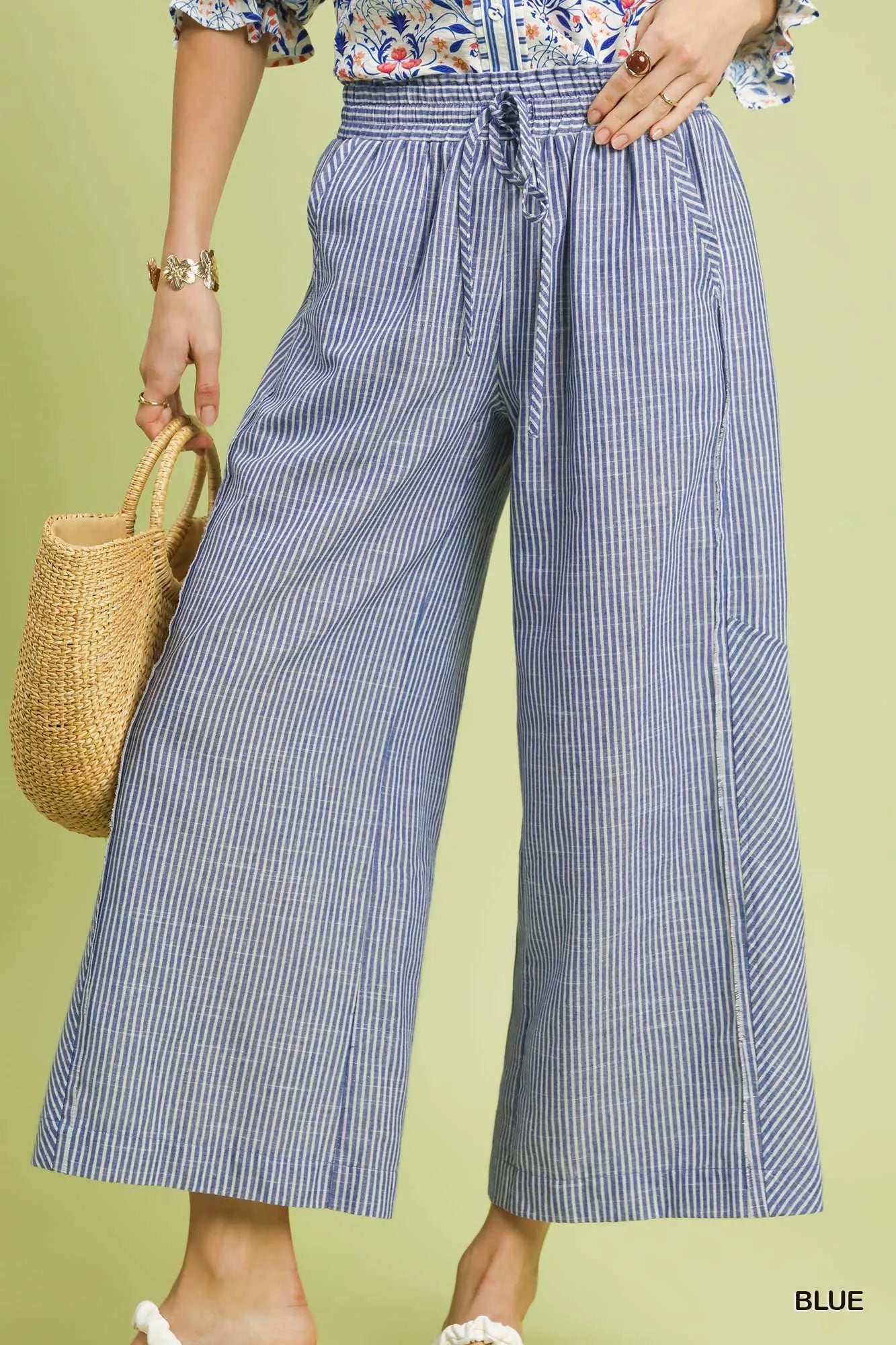 Linen Blend Striped Wide Leg Pants