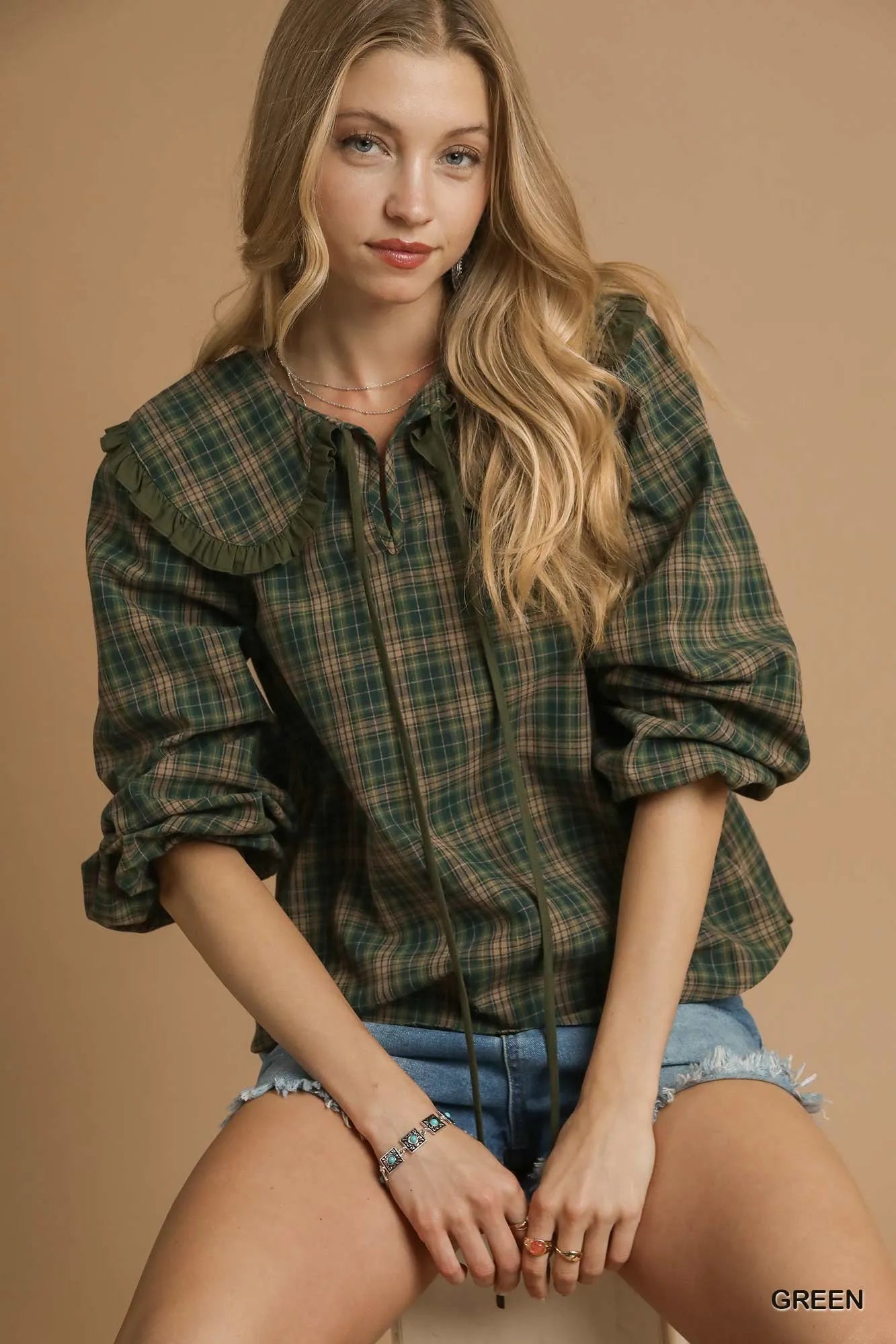 Full Size Plaid Ruffle Collar Blouse Plus Size