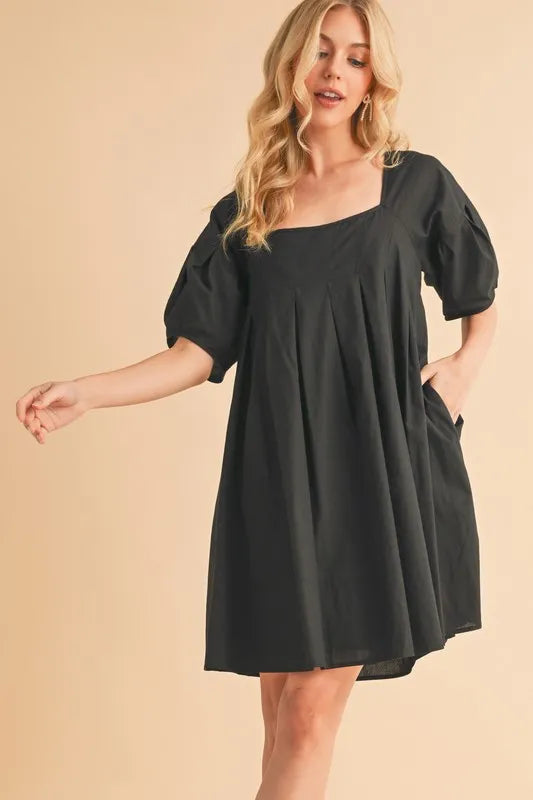 Square Neck Babydoll Dress with Pockets