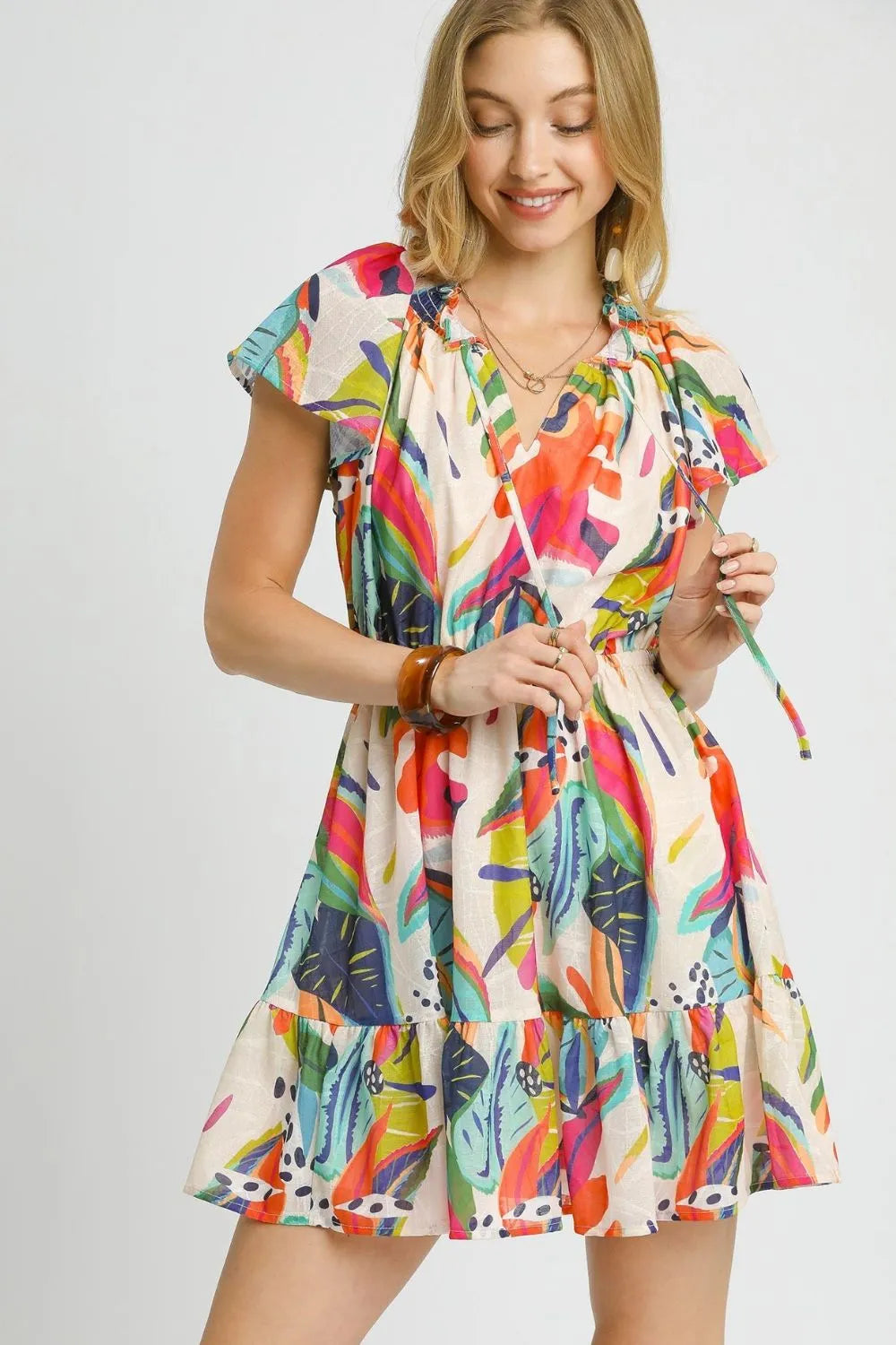 Printed Tie Neck Ruffled Hem Dress