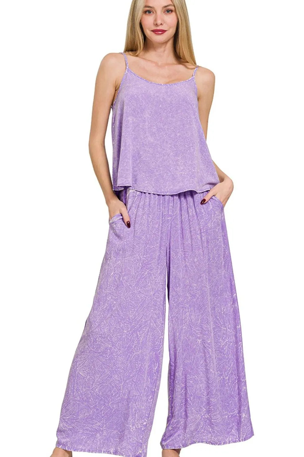 Woven Acid Crinkle Washed Cami & Pants 2 Piece Set