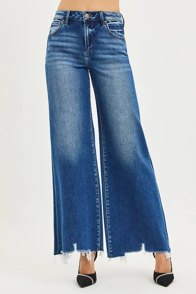 High Rise Wide Leg Jeans with Distressed Hem