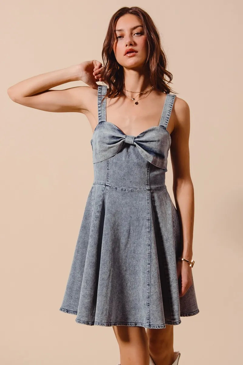 Mineral Washed Bow Ribbon Denim Flare Dress