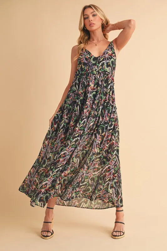 Printed V-Neck Frill Tiered Cami Dress