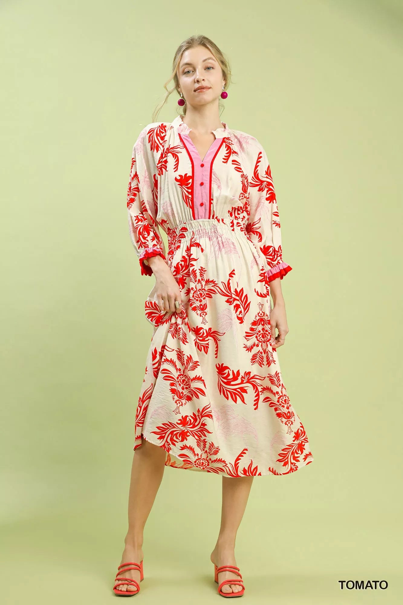 Tropical Print Button Detail Midi Dress