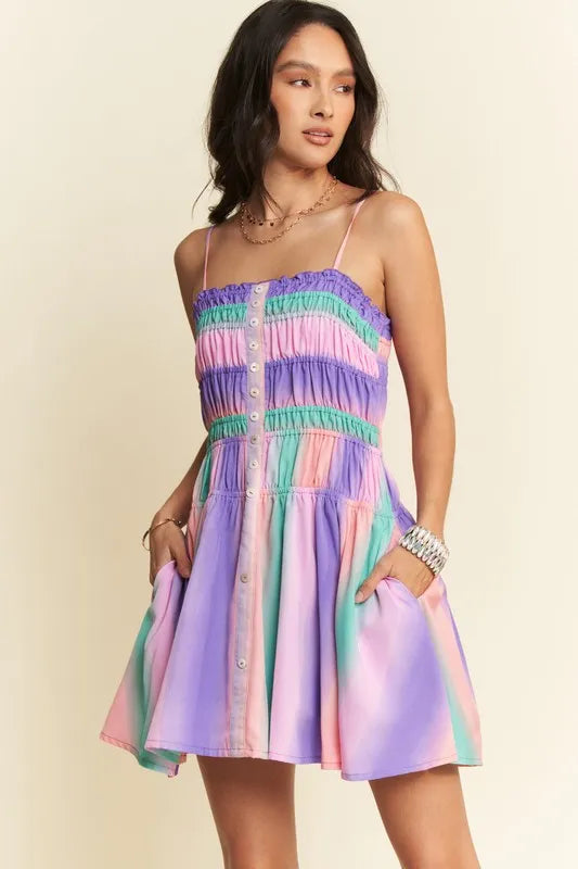 Multi Color Ombre Printed Bodice Button Up Dress
